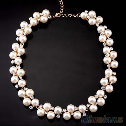 Women's Shiny Alloy Golden Rhinestone Faux Pearl Beads Necklace Jewelry 00T4