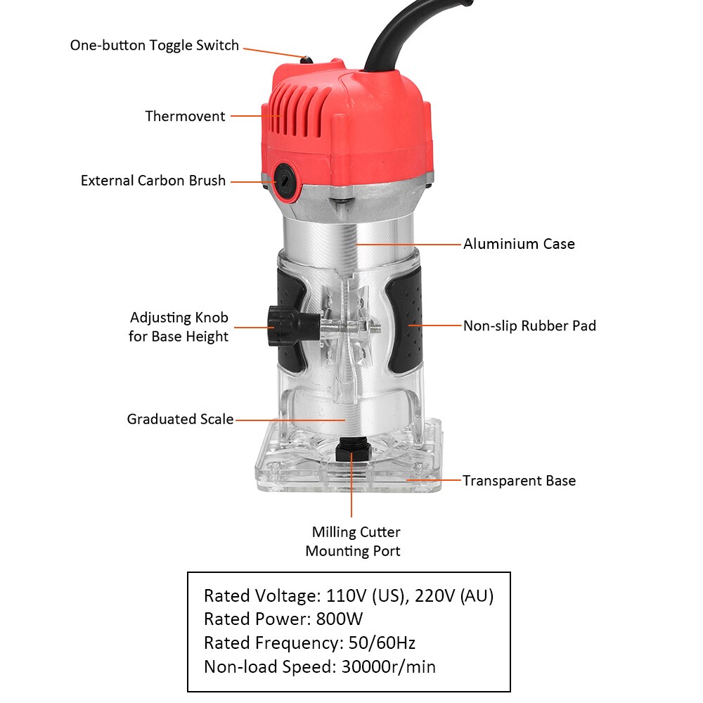 800W Milling Machine Woodworking Electric Trimmer Wood Milling Engraving Slotting Carving Machine Router Wood Trimming Machine