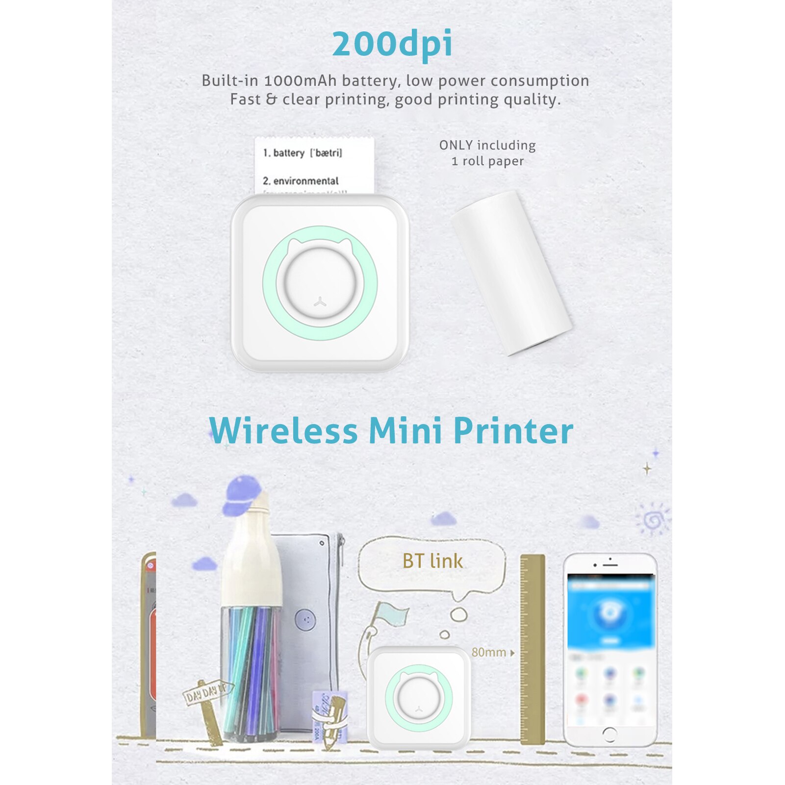 VIP LINK Pocket Thermal Printer Portable 200dpi Photo Label Memo List Printing Wireless Printer