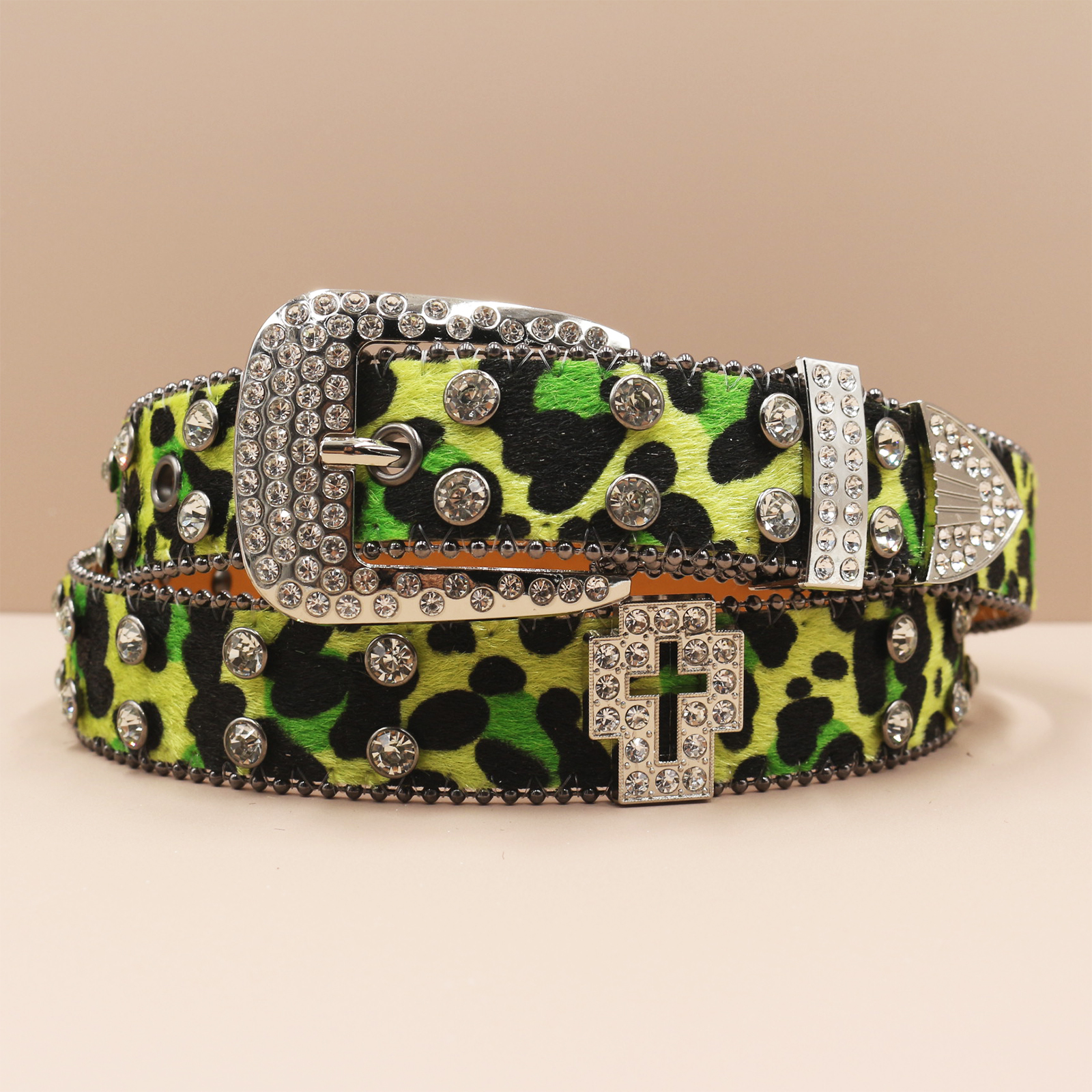Cinturones con estampado de leopardo de 3,3 cm, cinturón vaquero con diamantes de imitación para mujer, cinturón vaquero occidental con de tachuelas brillantes, cinturones de cuero estilo Punk Rock Y2K: Verde / 125 cm