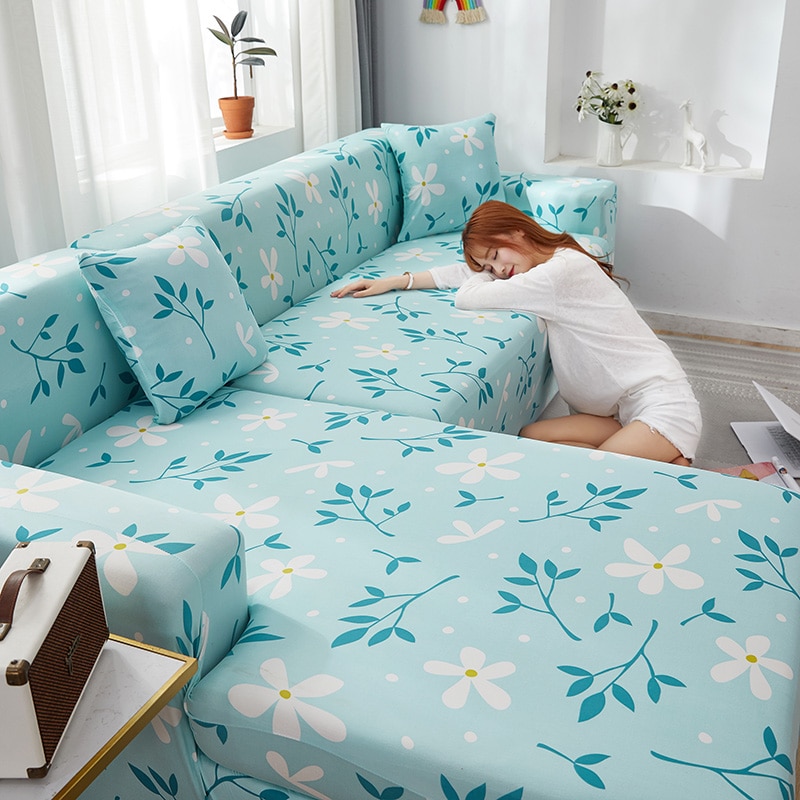 Stretch Slipcovers Sofa Blue Plant Sectional Elastic Sofa Cover for Living Room Couch Cover Decor Single/Two/Three/Four Seat