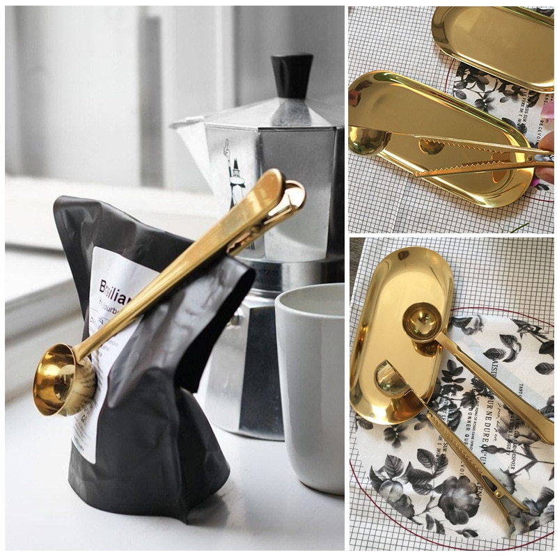 Gunot Twee-In-een Multifunctionele Koffie Lepel Roestvrij Staal Keuken Benodigdheden Scoop Met Zak Afdichting Clip Koffie Meten lepel