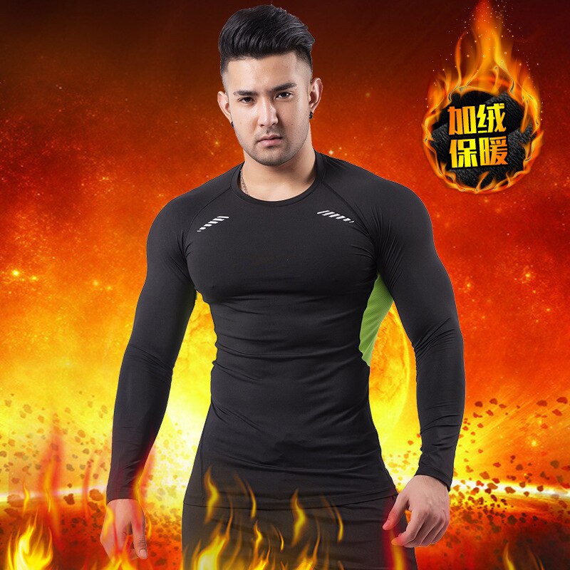 Heren outdoor fitnesskleding heren winter fleece warme strakke t-shirt outdoor training basketbal hardloopkleding: Zwart en groen / S
