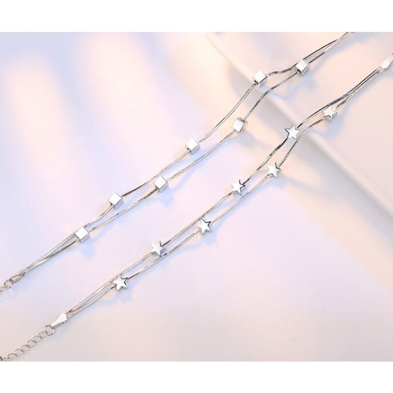 Pulsera de plata de ley 925 para mujer, pulsera tobillera de doble cadena cuadrada, pulsera de estrella para mujer, pulsera S-B167