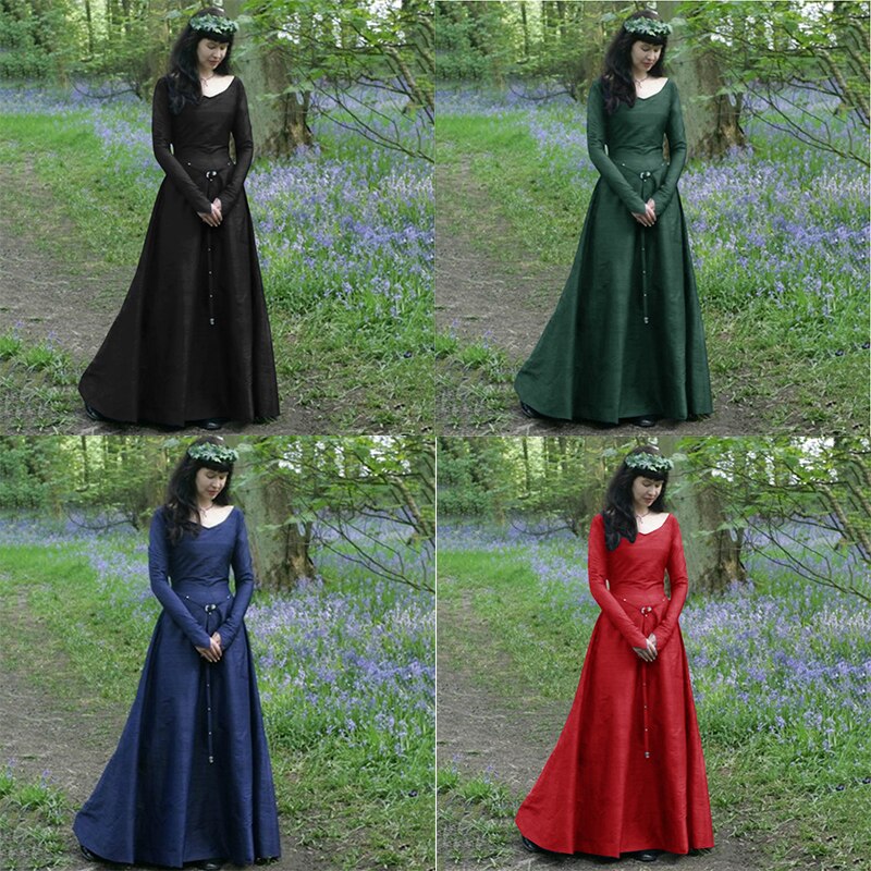 Clásico Medieval europeo Central de manga larga cuello redondo Delgado señoras vestido azul 5XL