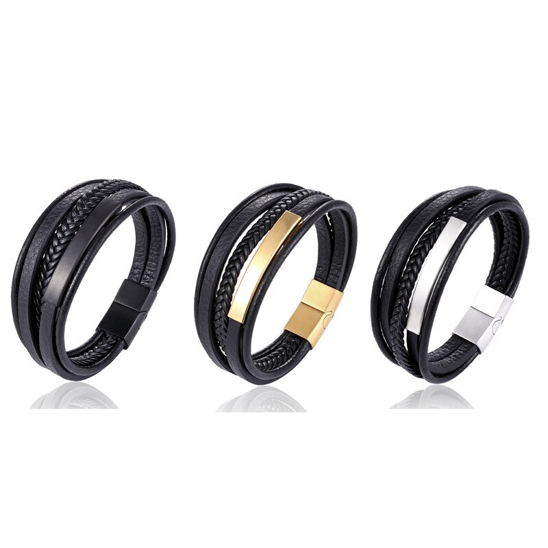 Wollet novo simples preto ouro mão-tecido pulseira de couro moda masculino jóias wrap pulseiras: Golden 20.5cm