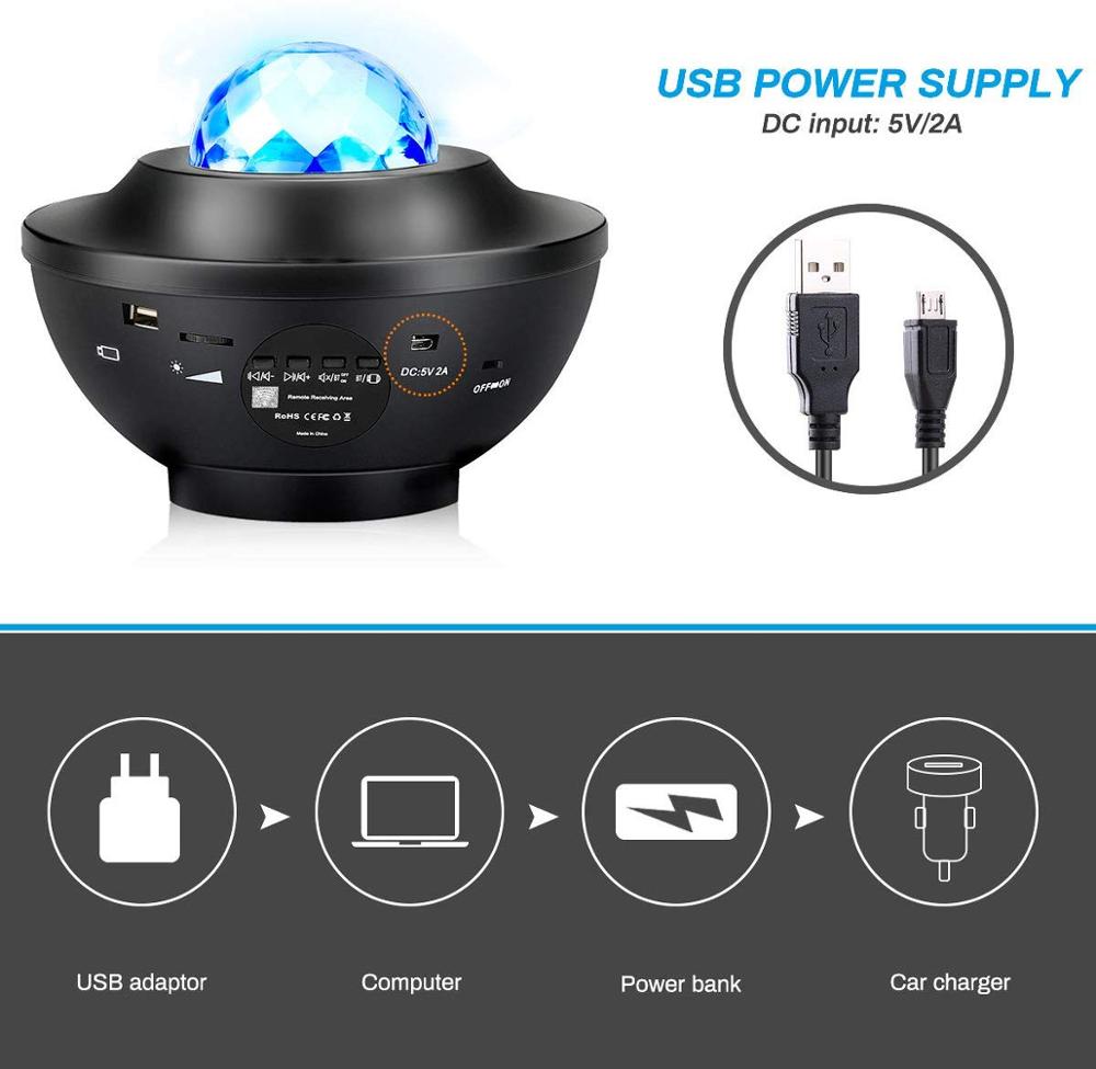 Usb Kleurrijke Sterrenhemel Projector Led Star Nachtlampje Muziek Sterrenhemel Projector Bluetooth Voice Control Muziekspeler Ocean Wave