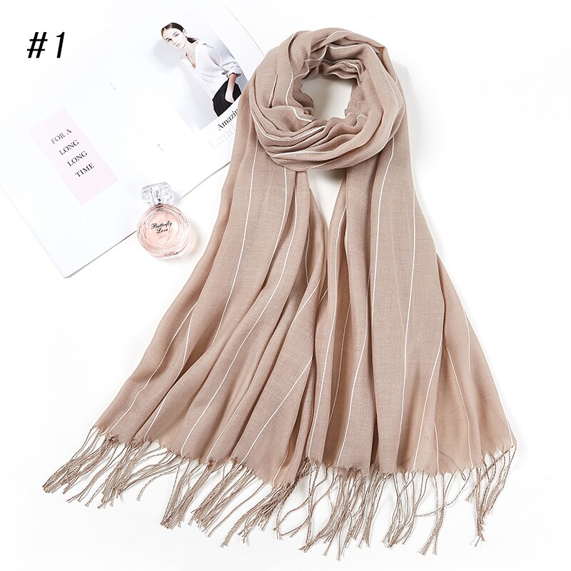 Woman Striped Women Hijabs Ladies Simple Solid Long Shawl Head Scarf Female Daily Wrap Hijab Plain Muslim 11 Colors: Color 1