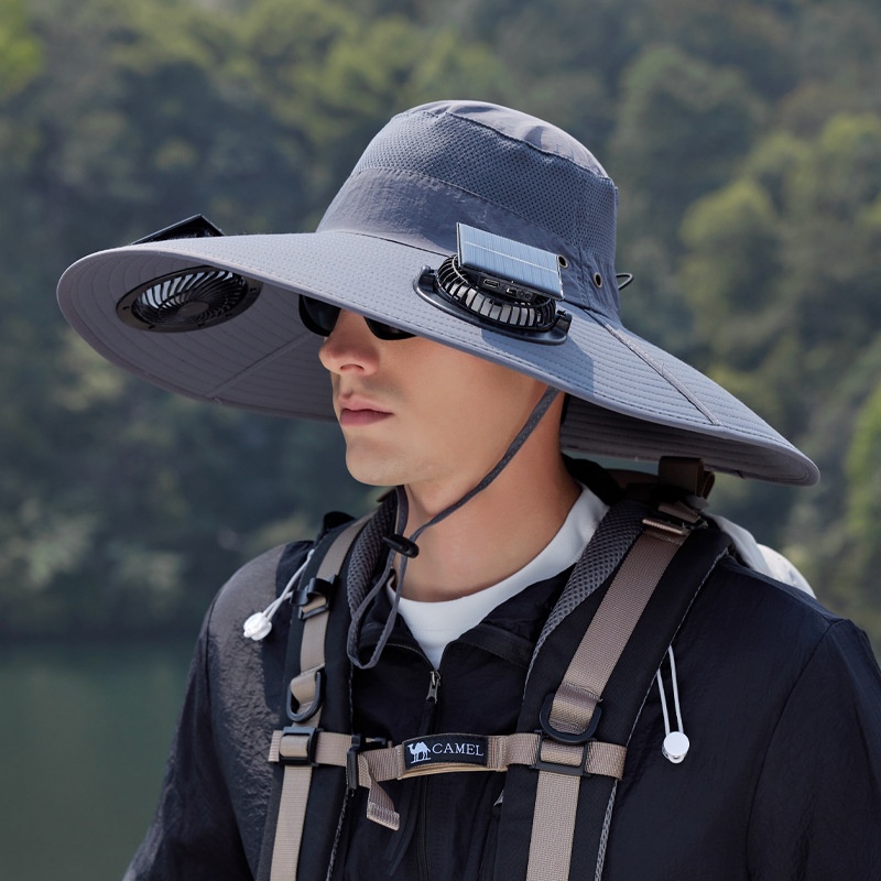 Sombrero de verano con doble ventilador con energía solar para senderismo al aire libre, pesca, sombrero con sombrilla, sombrero de pescador impermeable de secado rápido con alero grande: Claro