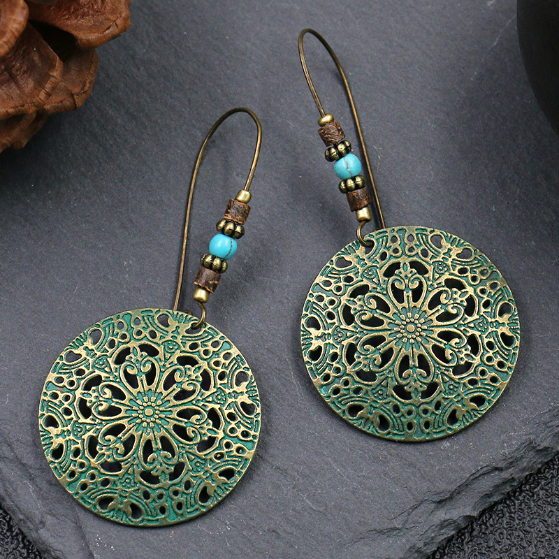 Pendientes colgantes con gancho para la oreja grande bohemio Vintage para mujer, aretes bohemios redondos huecos con forma de hoja geométrica étnica, joyería antigua: Estampado en caliente