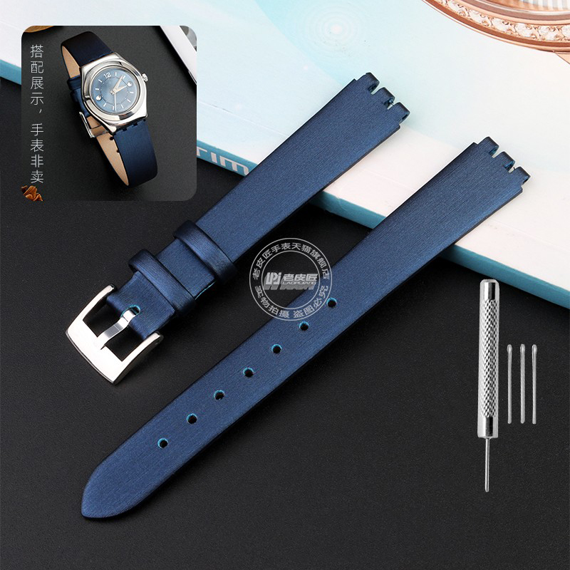 Correa de cuero para reloj Swatch para mujer, YSS213G, YSS288G, YSS222G, correa de seda IRONY, hebilla de Pin, pulsera de 12mm con herramientas: Blue pink