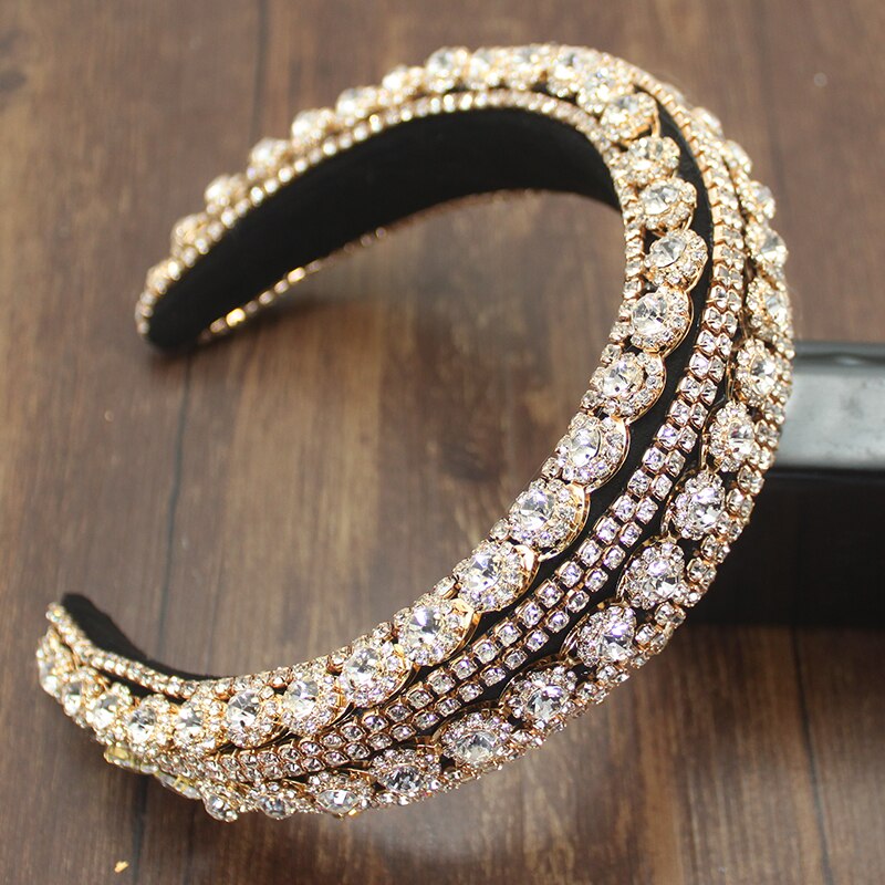 Diadema de lujo palaciego estilo europeo para mujer, bandana con diamantes de imitación brillantes, cristal barroco, esponja gruesa, para: gold black