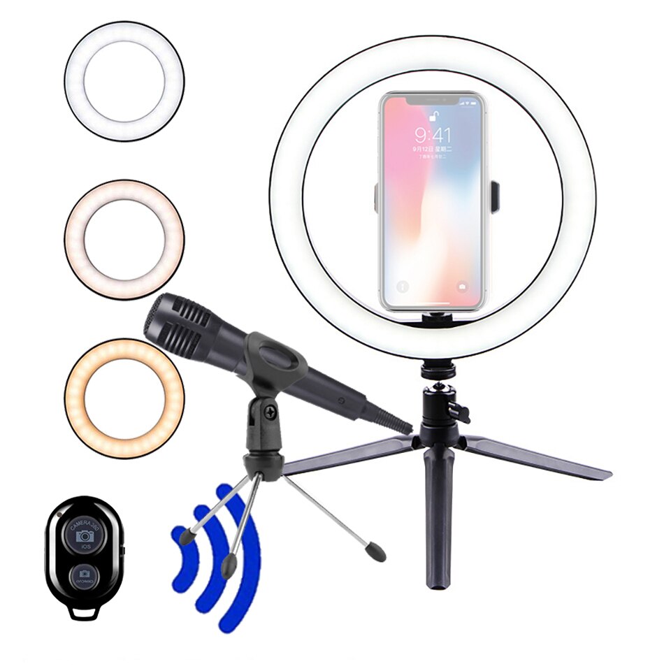 Mikrofon 26CM Fotografie Beleuchtung Ringlight Stativ Foto Led Selfie Bluetooth remote Ring Licht Telefon Lampe Live