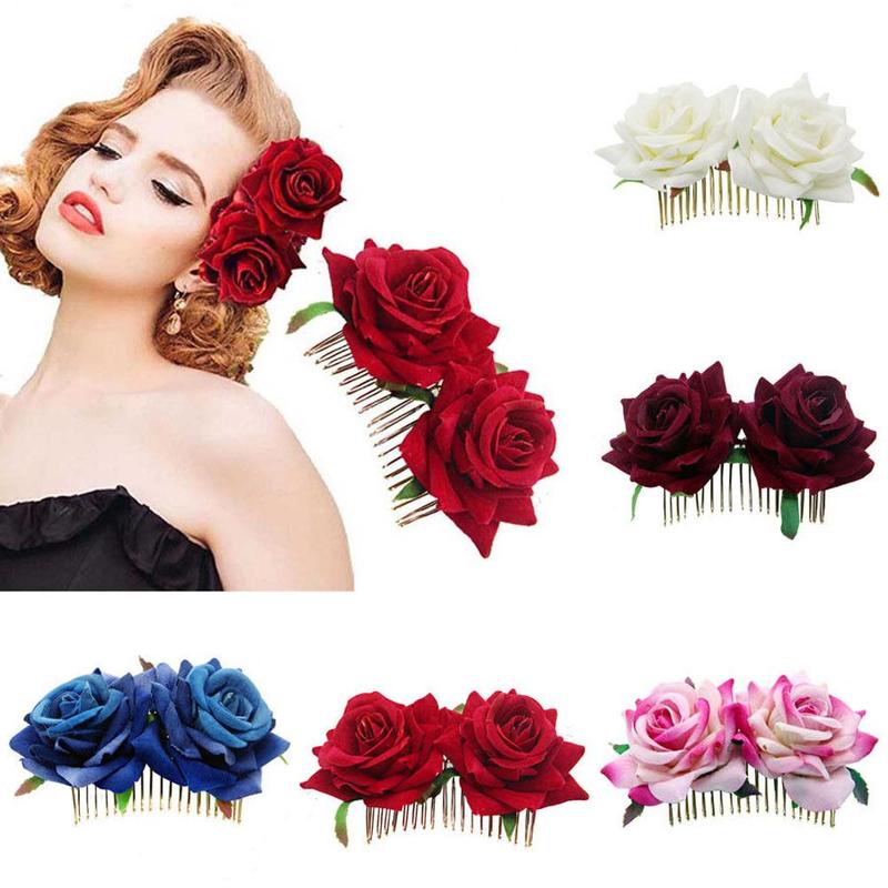 1 peine de pelo Artificial romántico de doble seda flor de Rosa para mujer, pinza de pelo blanca púrpura, tocado para baile de boda