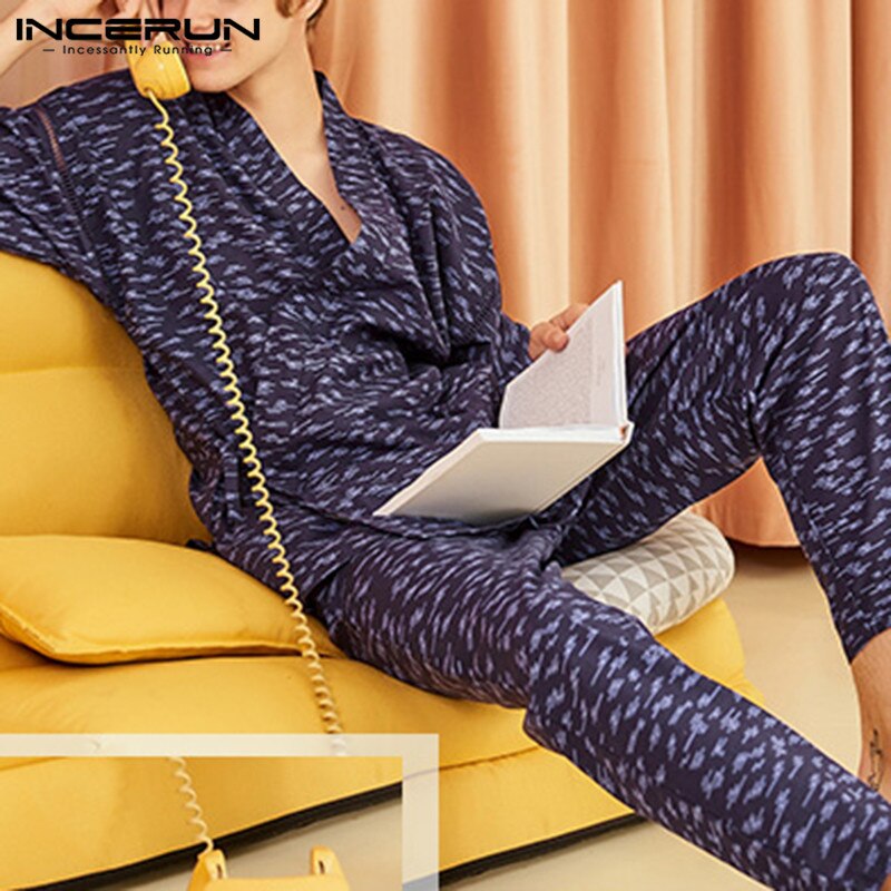 Mode Mannen Toevallige Nachtkleding Suits Mannen Gedrukt Pyjama Set Half Mouw V-hals Homewear Kimono Lange Broek Harajuku Nachtkleding