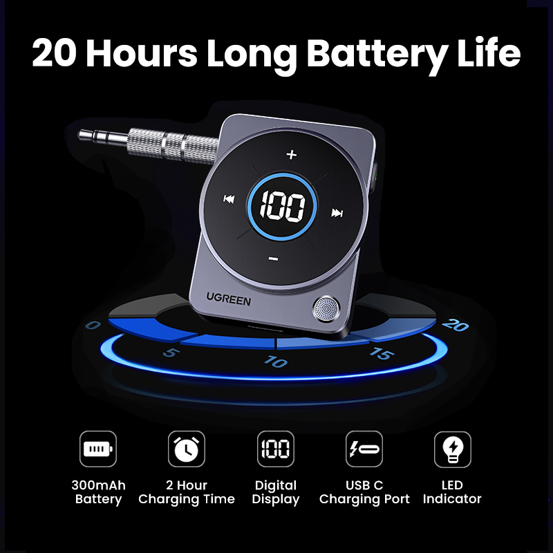 UGREEN Bluetooth 5.4 Aux Adapter 3.5mm Audio Music for Car 20H Battery Life Screen Display SBC AAC