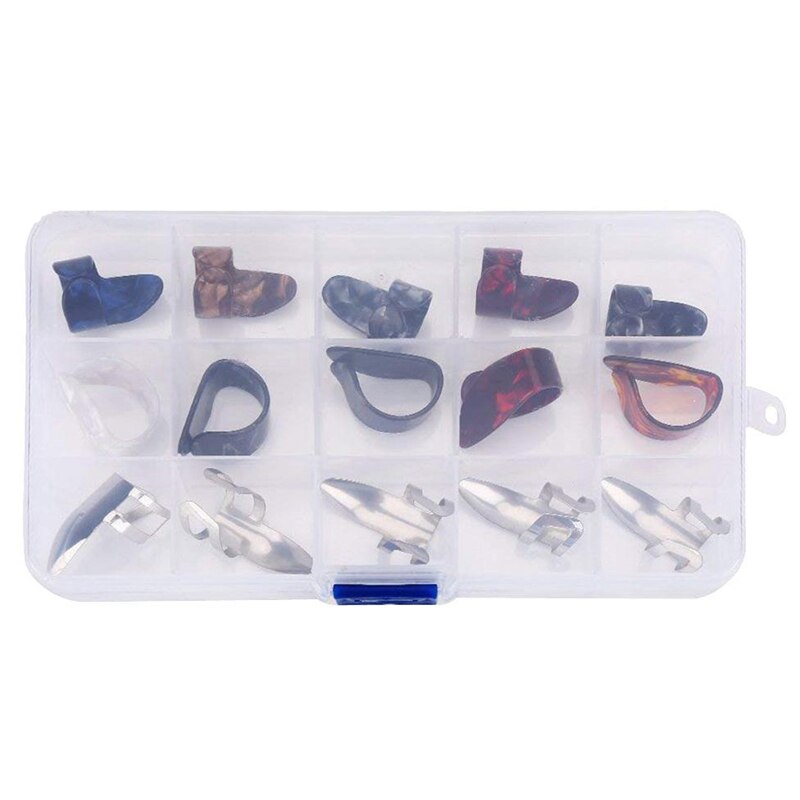 15 st/set celluloid metall finger tumme gitarr plektrar plektrum 5 tum  + 10 finger med fodral lock för akustisk elbas gui