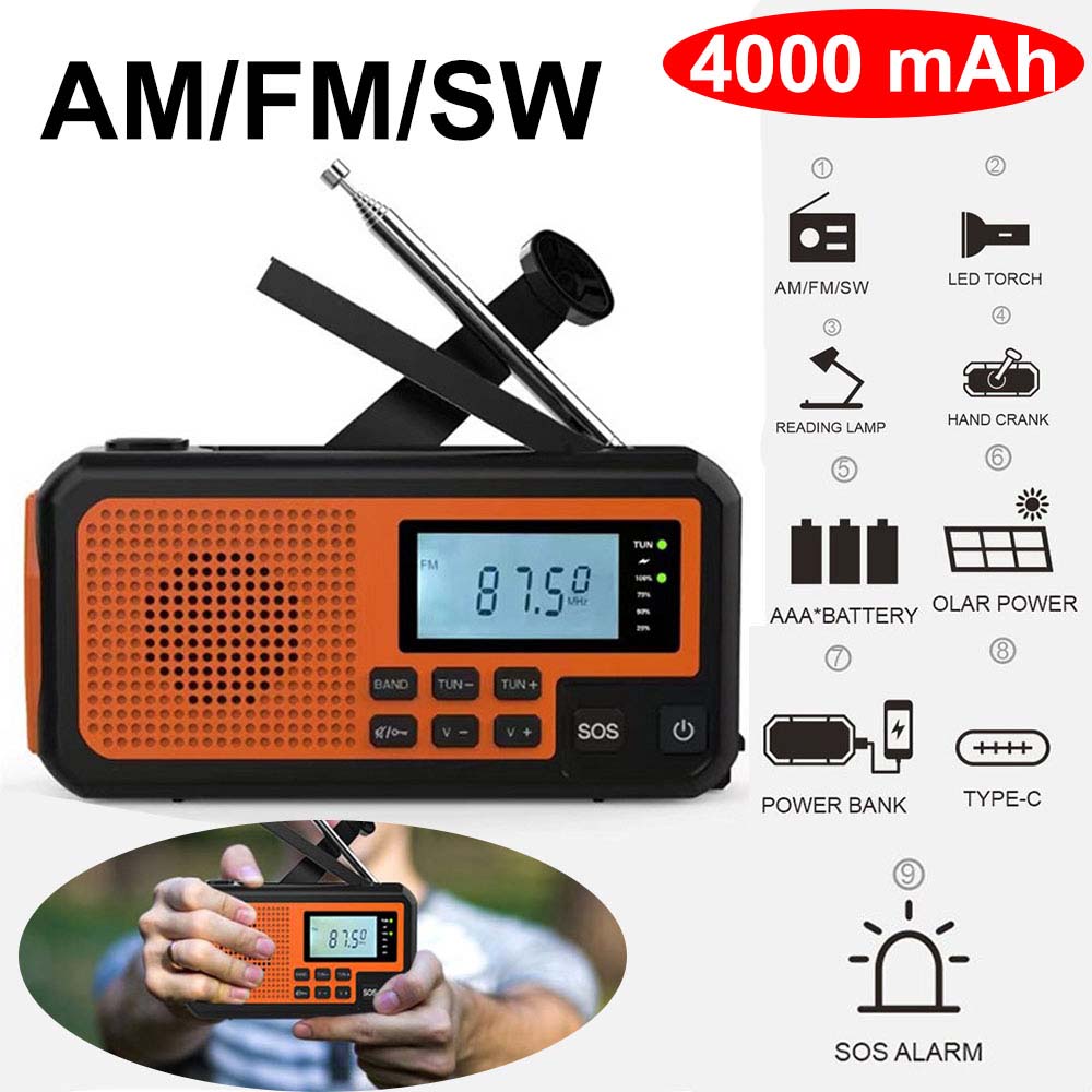 4000mAh Portable Emergency Solar Power Radio Hand Crank Charging AM/FM Weather Radio Led Reading Flashlight Bank Phone Charger: green