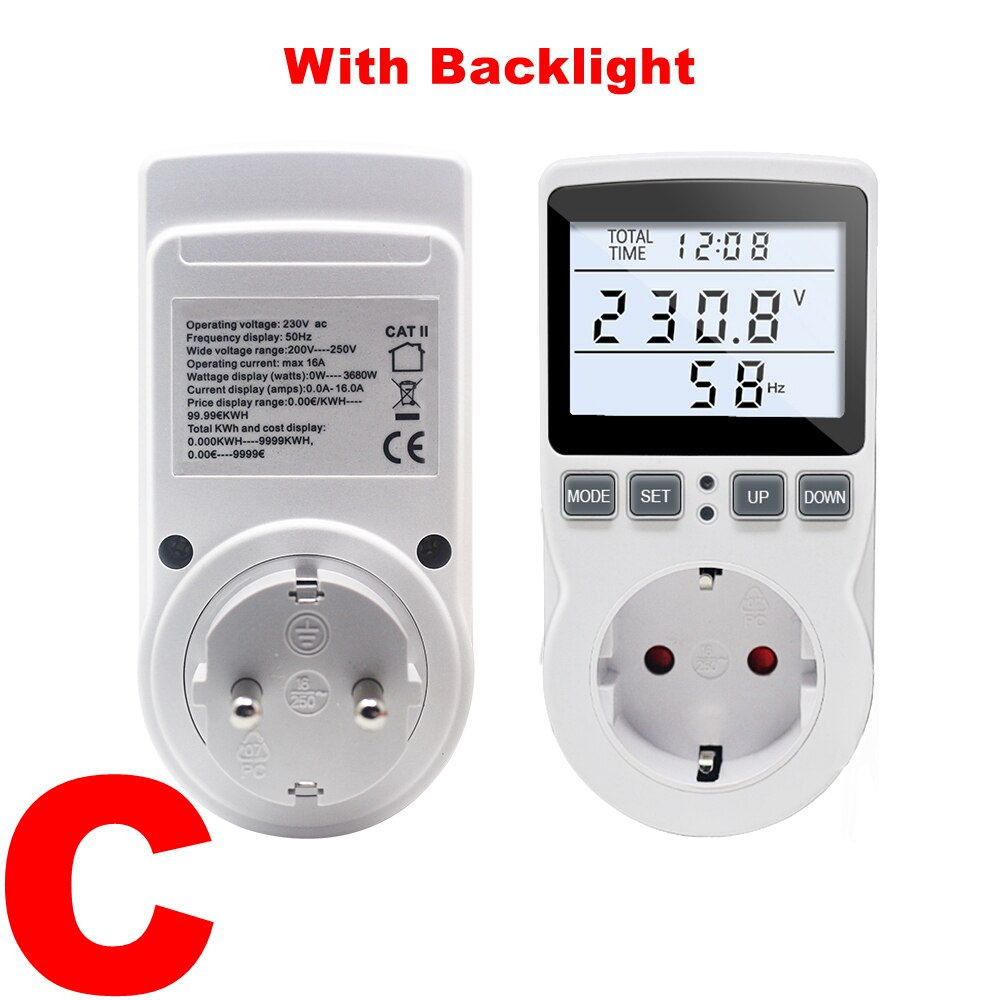 AC Power Energy Meter Digital Wattmeter KWh Watt Volt Amp Time electricity Cost Power Factor Monitor Socket Analyzer 220V EU: C