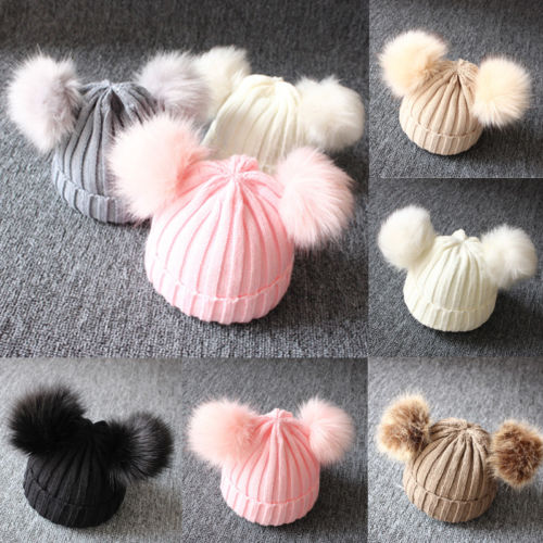 1-3 år nyfödd baby vinter ull stickad mössa barn spädbarn mössor mössa med två dubbla pom pom mössa för barn pojkar flicka