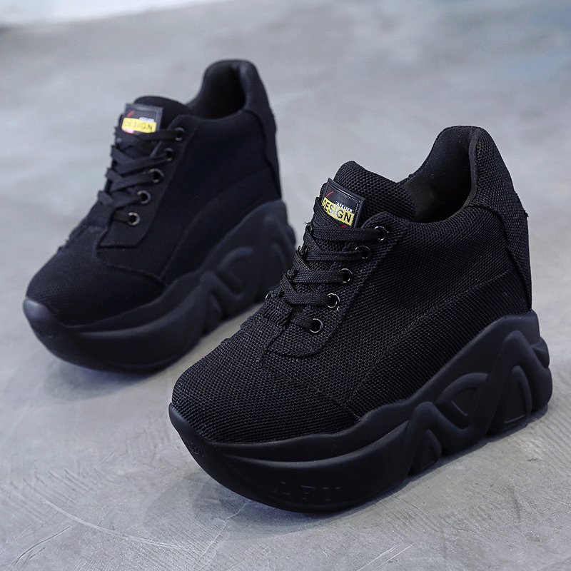 Baskets à semelle compensée pour femmes, chaussures à talons hauts respirants, automne chaussures décontractées 11CM: black / 37