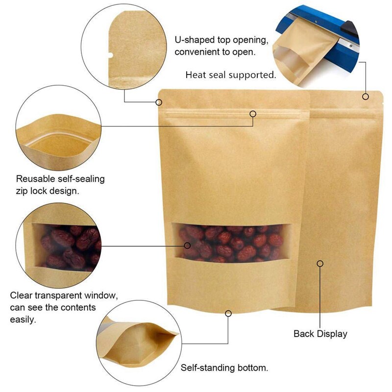 50Pcs Bakery Bags Clear Window Paper Bag Sealing Grease Proof Kraft Paper Bag For Food Snacks Cookie Bag