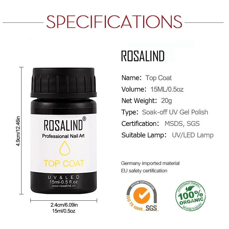 Rosalind Top Coat 15 Ml Nail Vernis Semi Permanente Matte Nagellak Losweken Manicure Uv Gel Lak Top jas Nagellak