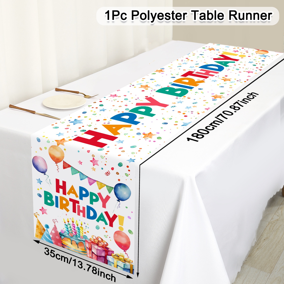 1pc Happy Birthday Party Polyester Table Runner with Colorful Balloons & Cake for Indoor/Outdoor Celebrations Home Birthd: WHITE
