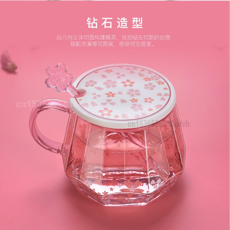 Sakura diamantkopp glas vattenkopp med handl rosa söt omrörningskopp kaffe klart glas