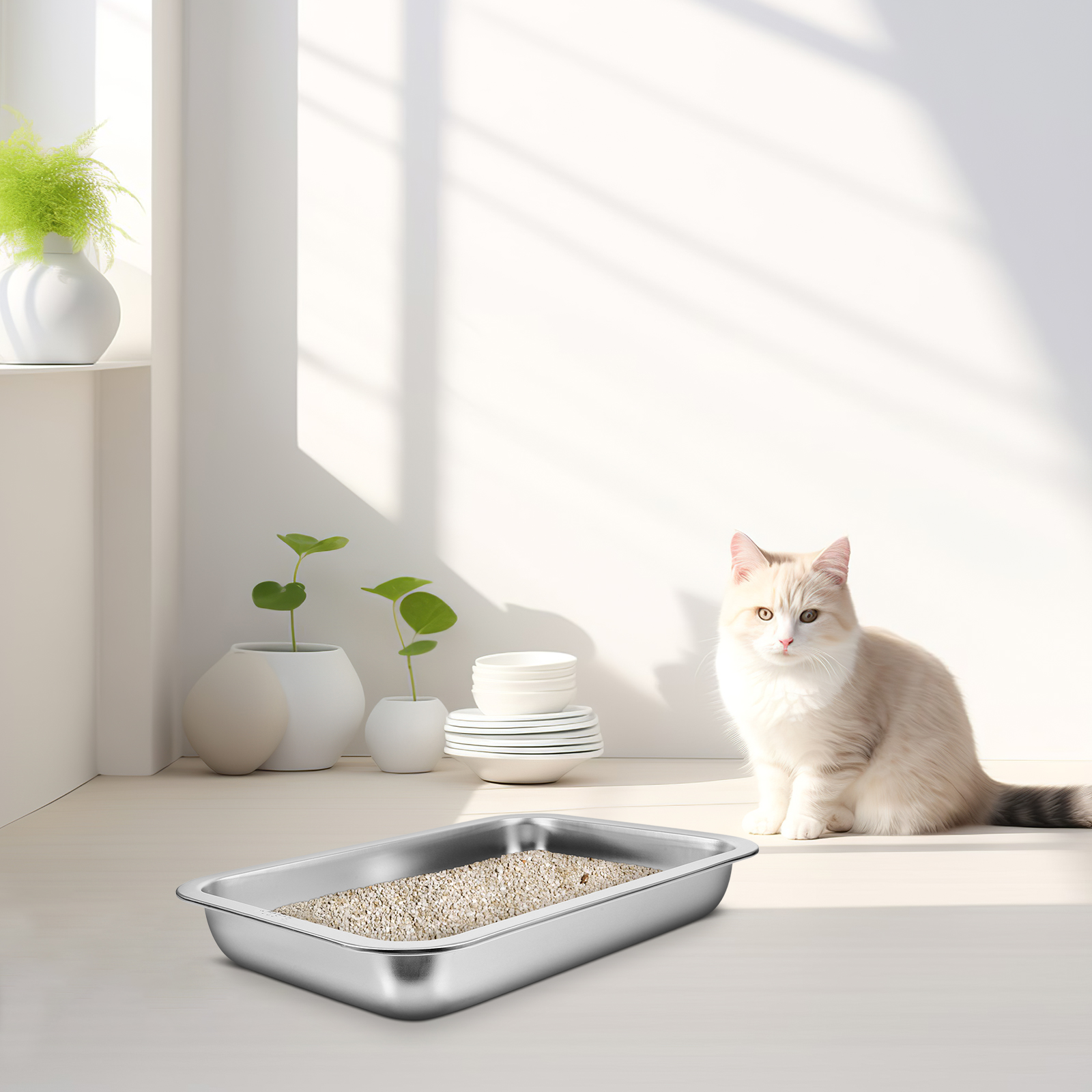 Caja de acero inoxidable para gatos, sartén de Metal abierta, inodoro duradero para mascotas, caja de arena para gatitos de gran capacidad para el hogar