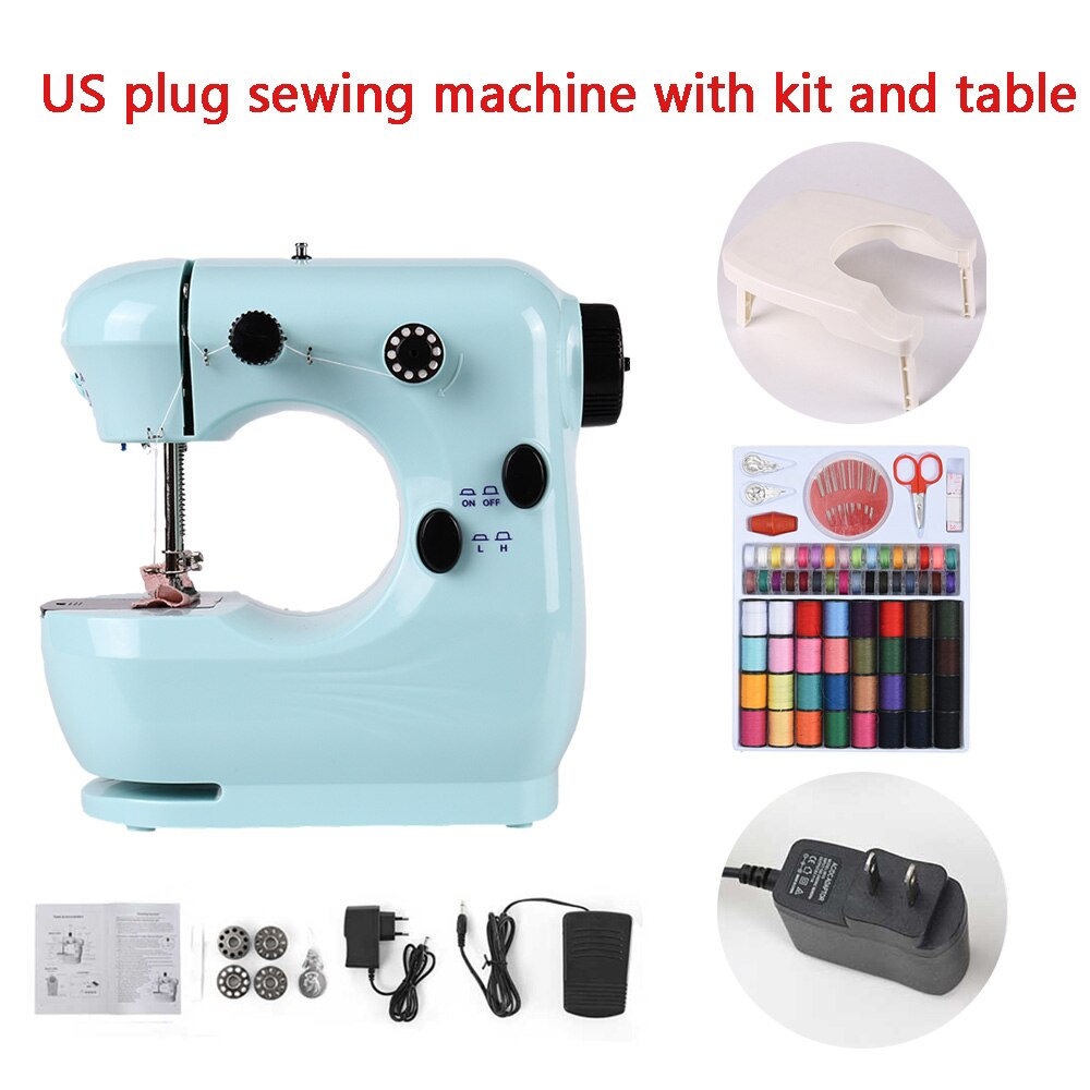 Sewing Machine Mini Portable Household Small With Night Light Pedal Electric Set Multifunctional Handicraft Repair Beginner Blue: US with kit table