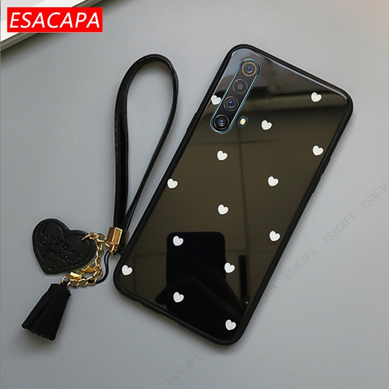 For Oppo Realme X50 7 Pro X3 Superzoom C12 Phone Case Love Tempered Glass Protection Cover For Realme 11 Pro 10 7 6 With lanyard: Plastic / black