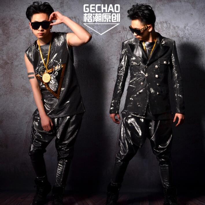 Blazer con personalidad de alambre plateado para hombre, chaqueta de , trajes de escenario para cantantes, Ropa de baile, vestido de estilo estrella, punk rock