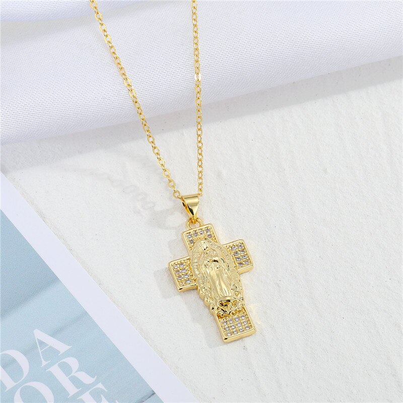 1 Pc Kleurrijke Maagd Maria Ketting Voor Vrouwen Sieraden Vintage Hollow Shiny Zirkoon Ronde Geometrische Hanger Sleutelbeen Keten N698-33: dashizijia