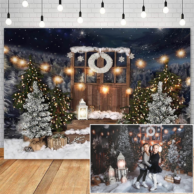 Noël neige photographie décors en bois porte pin lune décor toile de fond enfants Portrait Photocall arrière-plan Photo Studio