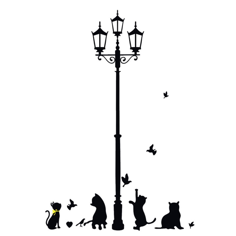 Cartoon diy antieke lamp vier katten en vogels muursticker muurschildering huisdecoratie kamer voor kinderen kamer stickers behang stickers
