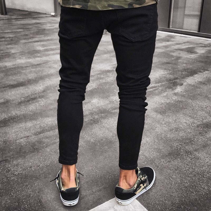 Brand Men Jeans Skinny Ripped Destroyed Stretch Slim Fit Pencil Pants With Holes For Men Casual Black Street Trousers