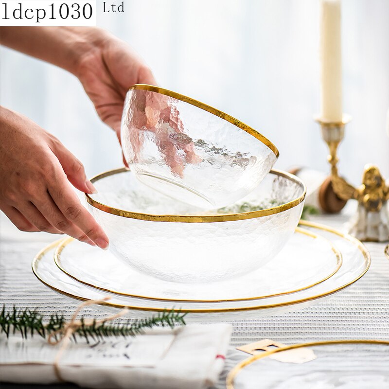 Vaisselle en verre à bord doré, assiette de nourriture occidentale, assiette Plate à salade, ensemble de Steak de Banquet, assiette d&#39;exposition, ustensiles de cuisine