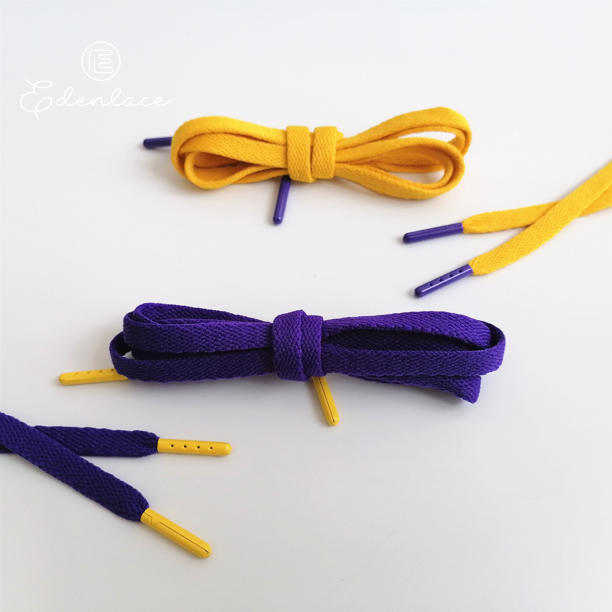 Algodón plano púrpura cordón amarillo herretes de Metal amarillo y los cordones de los zapatos con púrpura puntas de Metal para zapatillas de Bootlace