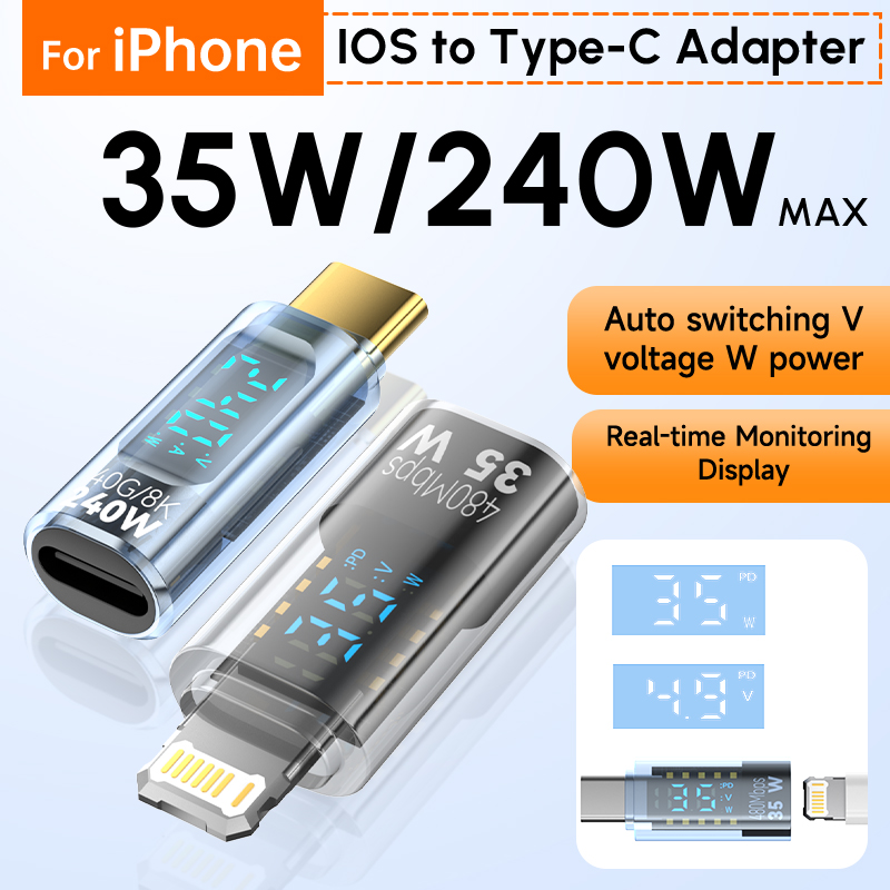 Adaptador de cargador Lightning hembra a USB C de 35W para IPhone 15 14 13 12 Pro Max tipo C conector de probador de potencia de carga de 8 pines