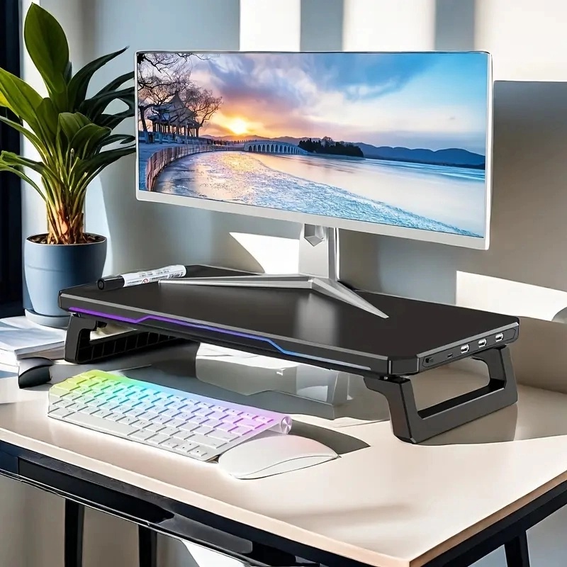 ITLY RGB-monitorstandaard met 3 USB-poorten Gegevensoverdracht Opladen Desktop Organizer voor pc en laptops tot 19,6 inch NIEUW