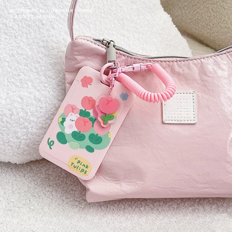 Porta carte per autobus ID studenti Porta carte tulipano orso coniglio con corda elastica Protezioni per carte di credito Custodia per carte bancarie rosa