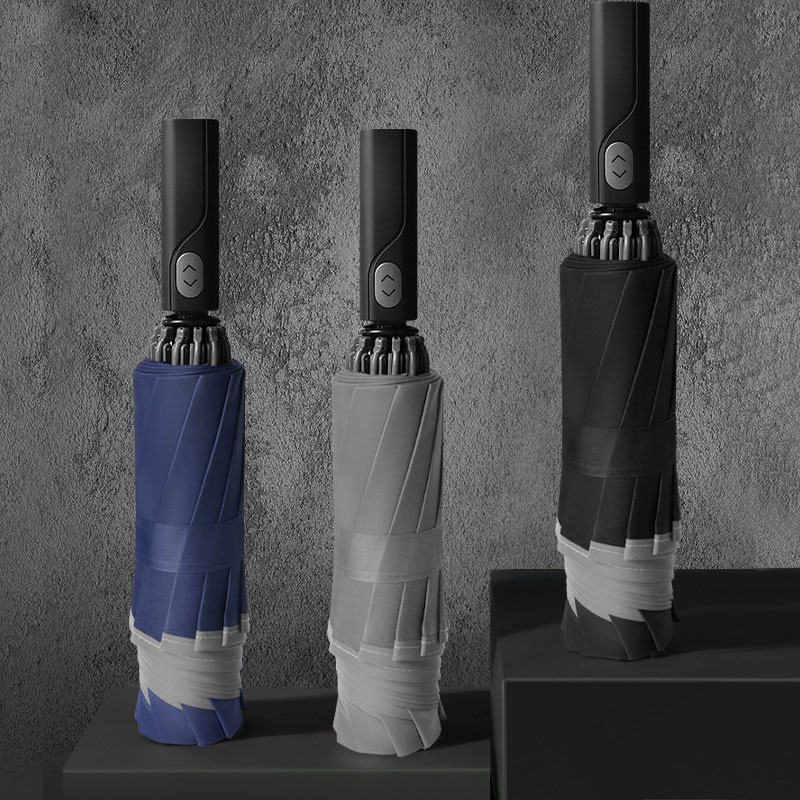 Windproof Automatic Inverted Umbrella 10 Ribs 3Fold Portable Large Reverse Umbrella with Reflective Stripe Umbrella Male Parasol