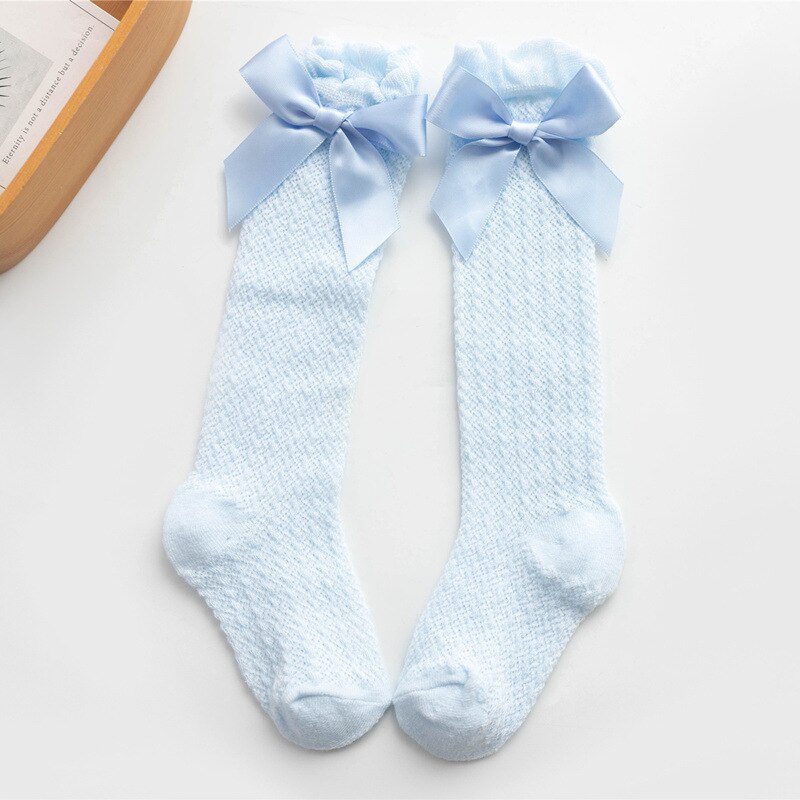 Summer Kids Socks With Bow Baby Girls Long Sock Knee High Cotton Hollow Out Toddlers Socks Mesh Children Princess Sock: Blue Bow Socks