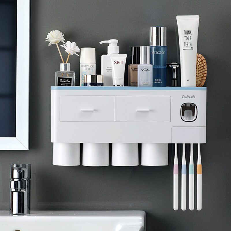 Toothbrush Holder Automatic Toothpaste Dispenser With Cup Wall Mount Toiletries Storage Rack Bathroom Accessories Set: 4 cups Blue