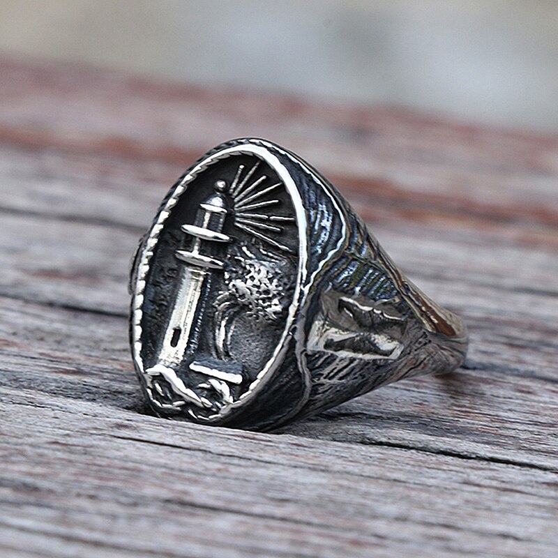 Anillo de vikingo de faro náutico Vintage para hombres, 316L náutico amuleto de acero inoxidable, anillo de sello, amuleto de la paz nórdica, de joyería