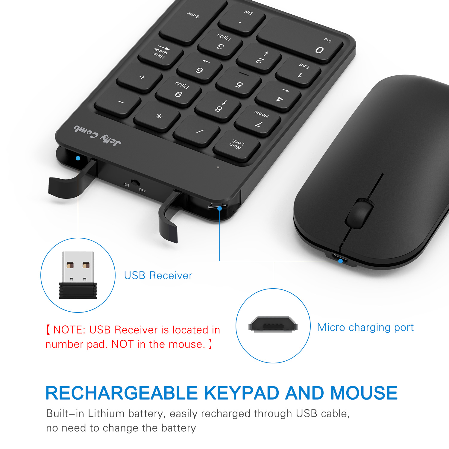 Jelly Comb Wireless Numeric Keypad and Mouse Combo 2.4G Rechargeable Number Keypad &amp; Mouse Set - Sharing One USB receiver