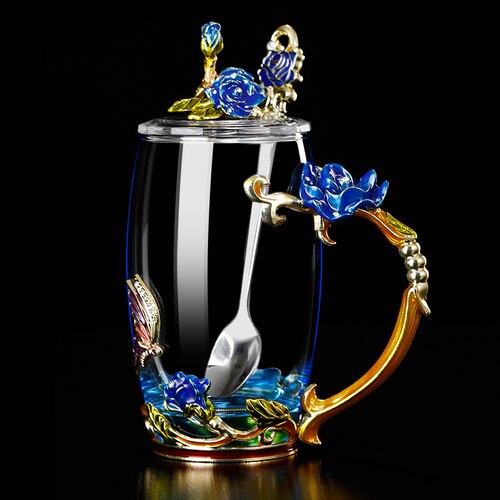 Glass Coffee Mug Tea Cup Enamel Crystal Flower High-grade Handgrip for Lover Wedding R2078: Blue 6