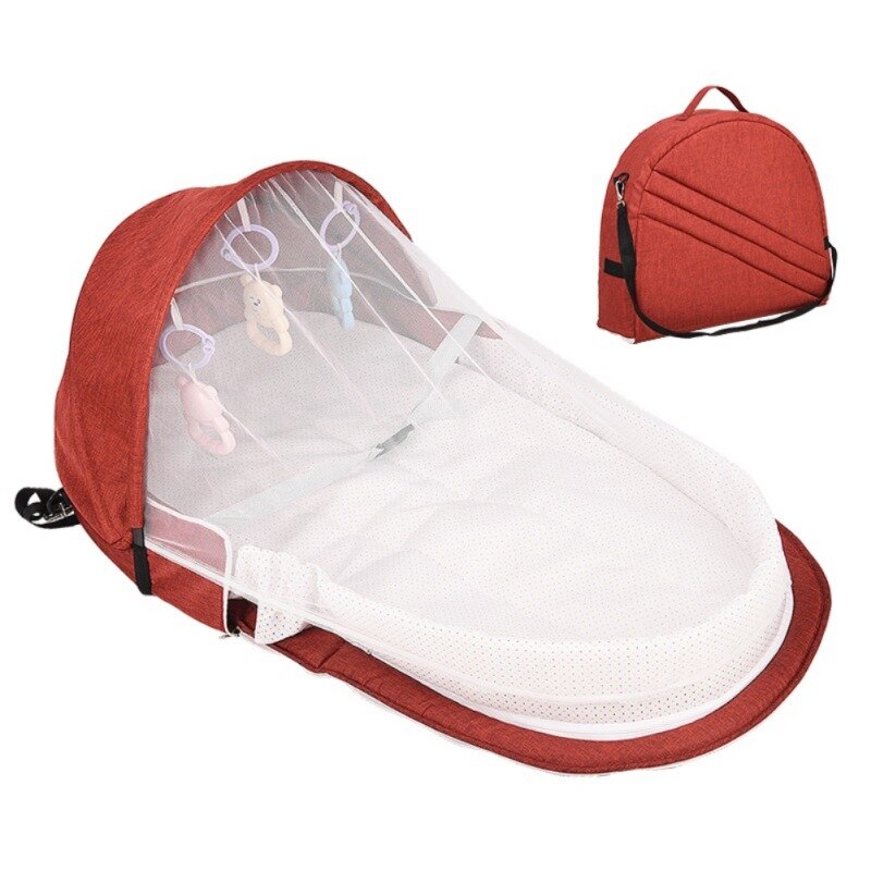 Baby rejse seng solbeskyttelse myggenet åndbart spædbarn baby seng sove kurv med legetøj: Rød