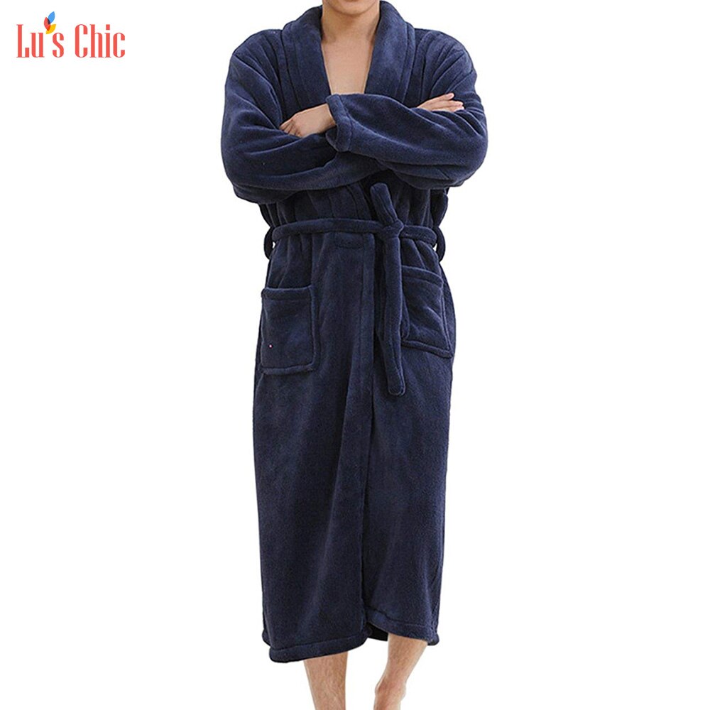 Lu's elegant menn fleece kappe plysj kimono badekåpe vintermyk varm lang nattkåpe husfrakk: Marinen / Xxl
